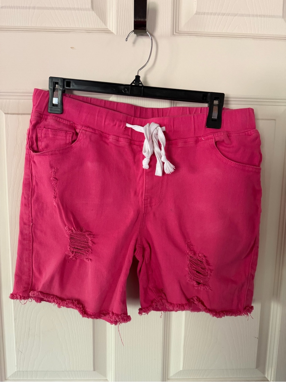 SHEIN Hot Pink Distressed Drawstring Bermuda Shorts with White Tie